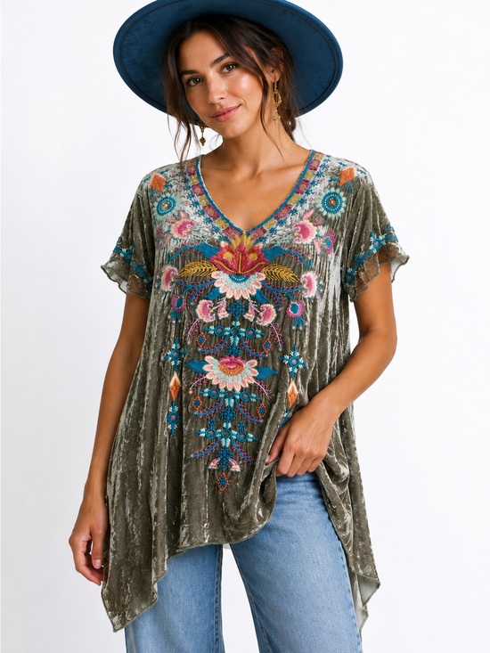 Johnny Was Tops - Johnny Was Embroidered Velvet V-Neck Tunic Top in Olive Green